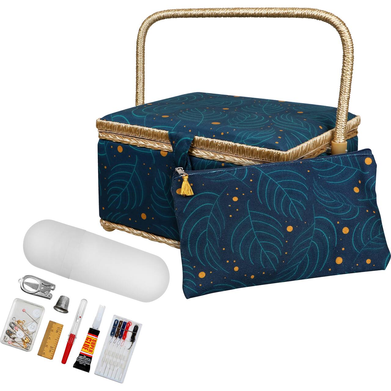 SINGER® Large Leaf Print Sewing Basket with Travel Sewing Kit & Matching Zipper Pouch